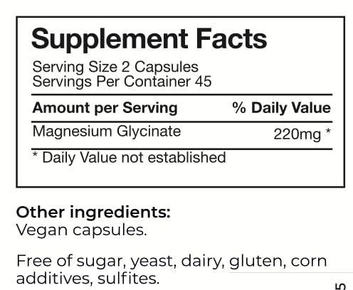 Magnesium Glycinate - High Absorption, 220mg, Dietary Supplement for Muscle, Heart, Nerve, and Bone Support, 90 Vegan Capsules, 45 Day Supply, Made in USA