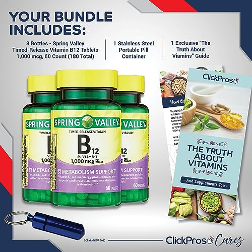 Spring Valley Timed-Release Vitamin B12 Tablets, 1,000 mcg, 60 Count 3 Pack Bundle (180 Count Total) - Includes Vitamin Guide and Pill Container (5 Items)!