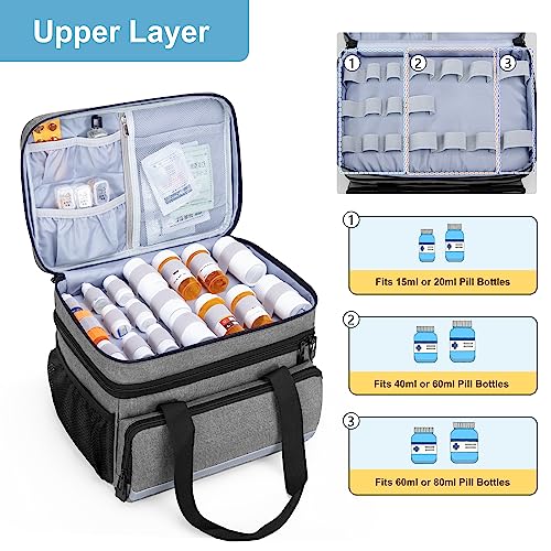 CURMIO Double Layers Pill Bottle Organizer Bag Empty, Medicine Organizer Storage Case with Lockable Zippers, Medication Travel Bag for Prescription Bottles, Medical Supplies, Gray (Patent Design)