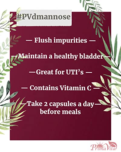 PrimaVita D-Mannose Supplement 800mg, D-Mannose Capsule with Cranberry, Dandelion Extract and Vitamin C, Support Overall Immunity, 120 Vegan Capsule