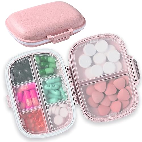 TULLWCY Daily Pill Organizer, 8 Compartments Portable Pill Case, Pill Box to Hold Vitamins, Cod Liver Oil, Pink