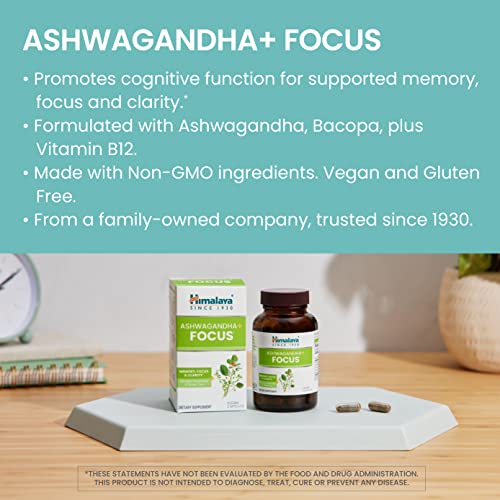 Himalaya Ashwagandha+ Focus with Ashwagandha, Bacopa, Rosemary & Green Tea for Memory, Focus and Clarity, 60 Capsules, 1 Month Supply, Vegan, Gluten Free