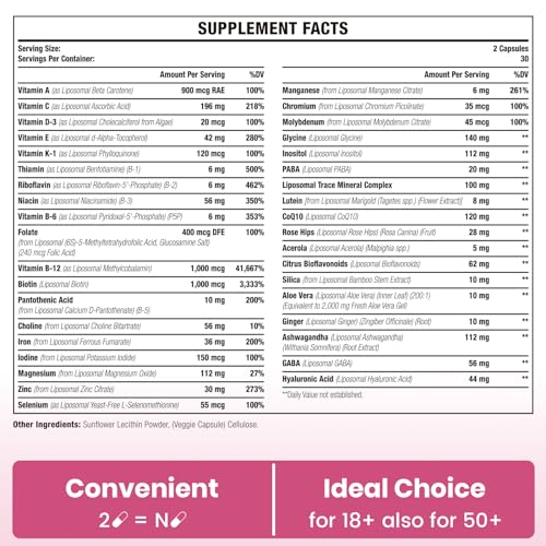 Liposomal Multivitamin for Women 1400MG - Womens Daily Multi Vitamins Supplements with Iron, Vitamin A, C, D, E and B Complex for Immune Health, Hair & Skin Support for Women 18+,60 Vegan Capsules