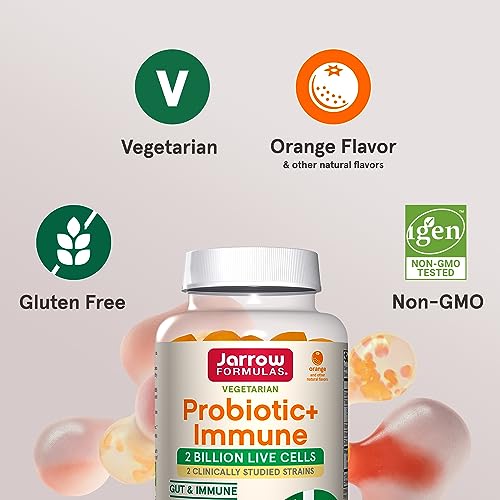 Jarrow Formulas Probiotic + Immune 2 Billion CFU With 2 Clinically-Studied Strains, Vitamins C, D & Zinc, Dietary Supplement for Digestive and Immune Support, 90 Orange-Flavored Gummies, 45 Day Supply