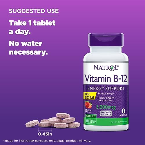 Natrol Vitamin B-12 5000mcg, Dietary Supplement for Energy and Healthy Nervous System Support, 100 Strawberry-Flavored Fast Dissolve Tablets, 100 Day Supply