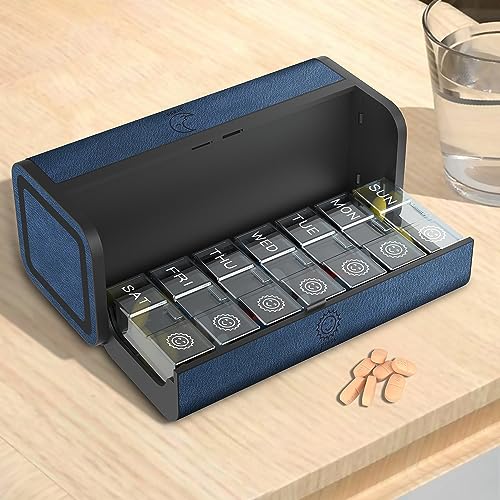 TALVOLC M Pill Organizer Weekly,2 Times a Day for 7-Day Leather Medicine Box Travel Daily Container Vitamin Am Pm Pill Holder,Pocket Pharmacy with Labels Privacy Pill Planner Case (Blue)