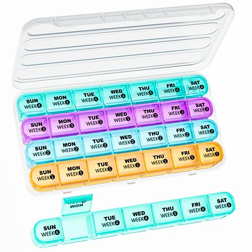Monthly Pill Organizer 1 Times a Day,Daviky 4 Weekly Pill Organizer,Monthly Pill Box 1 Times a Day Organizer,28 Day Portable Pill Case Organizer,Medicine Organizer for Vitamins and Medication(Rainbow)