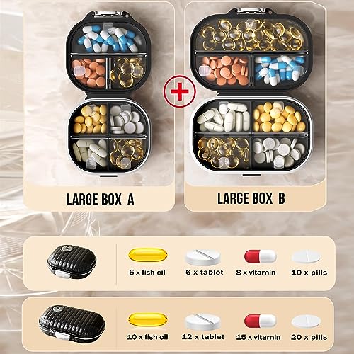 2 Pack Pill Organizer Pill Box 7 Compartments Large Pill Dispenser Home Travel Supplement Holder Airtight Vitamin Container Daily Medicine Travel Essentials(Small+ Large)