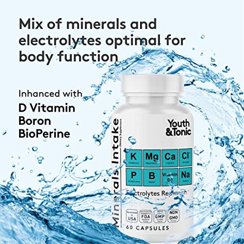 Youth & Tonic Fluid Pills & Mineral Electrolyte Support as Natural Diuretic Supplement for Swelling Water Retention & Temporary Water Weight Gain for Women & Men – 60 + 60 Capsules