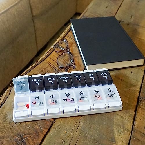 EZY DOSE Push Button (7-Day) Pill Case, Medicine Planner, Vitamin Organizer, 2 Times a Day AM/PM, Removeabale Trays, Large Compartments, Arthritis Friendly, Black and White Lids