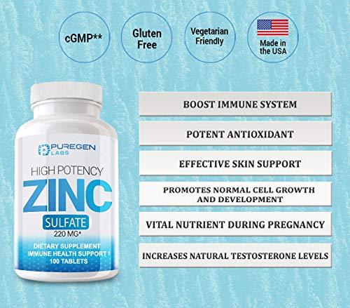 Puregen Labs Zinc Sulfate 220 mg Dietary Supplement Tablets - 100 count (Pack of 2)