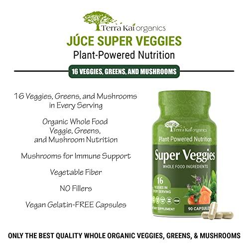 TERRA KAI ORGANICS Organic Super Veggies Supplement Gluten/Gelatin Free, Non GMO, Soy Free & Vegan | Green Superfood Capsules | 16 Vegetables (90 Count) (Veggies)