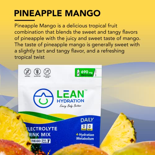 LEAN Hydration Daily Electrolyte Hydration Packets Drink Mix | Hydrate – Metabolize – Energize | Zero Calories, Zero Sugar plus Vitamins, Minerals & Green Tea Extract | 16 ct (Pineapple Mango)