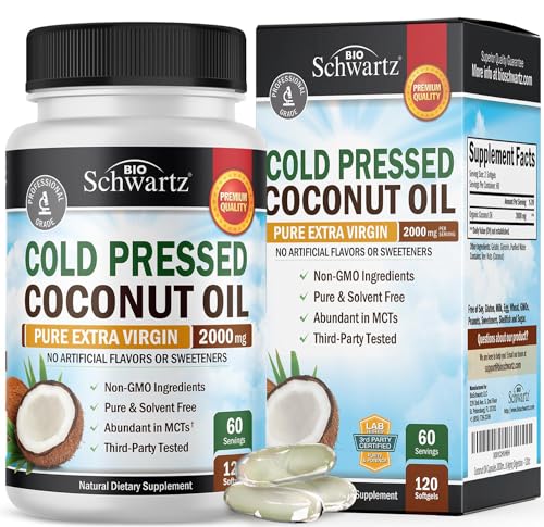 Coconut Oil Capsules 2000mg - Organic Pure Extra Virgin Unrefined Cold Pressed MCT Rich & Non-GMO for Healthy Skin Nails Hair Growth Support Bloating Anti Aging Digestion - 120ct (2 Month Supply)