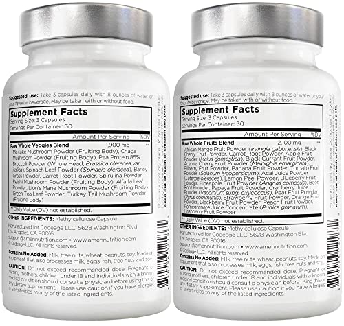 Amen Fruits + Veggies Vitamins Bundle, Raw Whole Food Multivitamin Capsules, Greens Vegetables, Red Fruits & Berries Vegan Blend, Fibers + Phytonutrients Superfood Minerals Supplement, Non-GMO, 180 ct