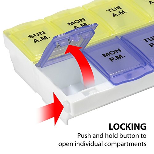 EZY DOSE (14-Day) AM/PM Pill Planner, Medicine Case, Vitamin Organizer Box, 2X-Large Locking Compartments to Secure Prescription Medication and Prevent Accidental Spilling, Color May Vary
