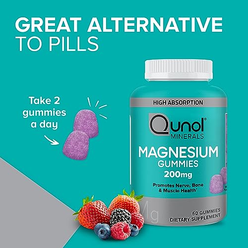 Qunol Magnesium Gummies for Adults, Qunol 200mg Magnesium Citrate Gummies, High Absorption Magnesium Supplement, Supports Nerve Health, Bone Health, Muscle Health, Vegetarian, 60 Count, Pack of 2