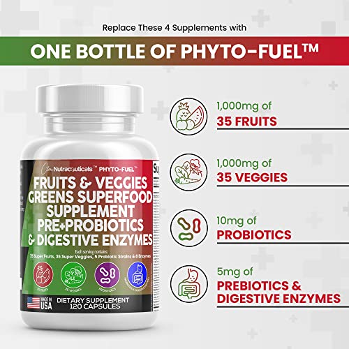 Fruits and Veggies Supplement Reds & Green Superfood - A Natural Balance of Over 70 Fruit and Vegetable Supplements Capsules with Probiotics Prebiotics Digestive Enzymes Nature Spirulina -120 Ct USA