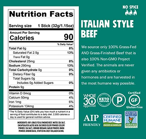 CHOMPS Grass Fed Italian Style Beef Jerky Snack Sticks, Keto, Whole30, Paleo, Gluten Free, Sugar Free, Low Carb, AIP Diet Compliant, 90 Calories,1.15 Oz, Pack of 24