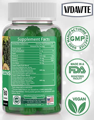 VIDAVITE Sugar-Free Fruit and Veggie Gummies — 35+ Greens, Fruit and Vegetable Vitamins to Boost Immunity, Skin & Gut Health — Ideal Fruit and Vegetable Supplement for Adults & Kids (60 Gummies)