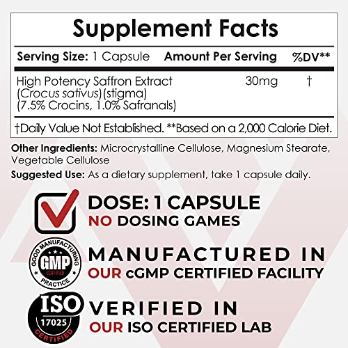 Nootropics Depot High Potency Saffron Extract Capsules | 30mg | Minimum 7.5% Crocins and 1% Safranals | Crocus sativus | 60 ct