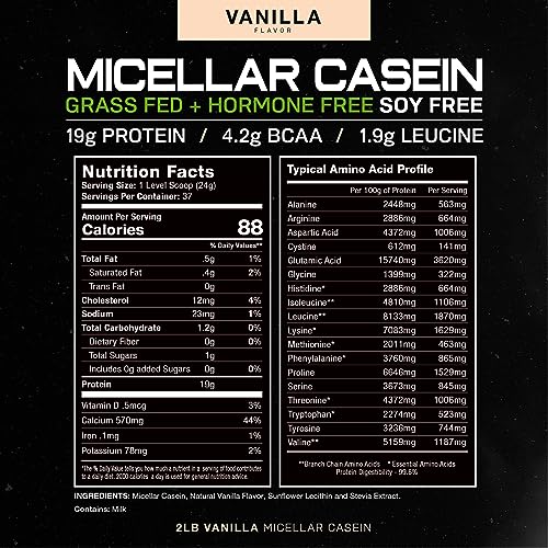 Muscle Feast Micellar Casein Protein | All Natural, Pasture Raised, Hormone Free, Soy Free Slow Absorbing Pure European Micellar Casein | 19g Protein, 88 Calories | Vanilla 2lb | 37 Servings