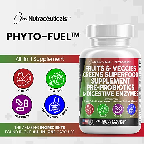 Fruits and Veggies Supplement Reds & Green Superfood - A Natural Balance of Over 70 Fruit and Vegetable Supplements Capsules with Probiotics Prebiotics Digestive Enzymes Nature Spirulina -120 Ct USA