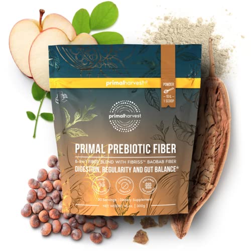 Primal Harvest Prebiotic Fiber Powder Unflavored, 30 Servings 5 in 1 Daily Supplement with Organic Acacia and Fibriss Organic Baobab Powder.