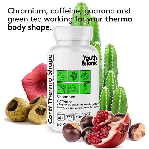 Youth & Tonic Corti-Thermo Shape 60 Capsules Advanced Diet Pills as Support for Energy Metabolism Focus Cravings for Men and Women with Caffeine Chromium Glucomannan Guarana Hoodia Gordonii I