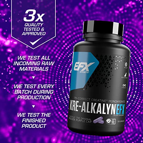 EFX Sports Kre-Alkalyn EFX | pH Correct Creatine Monohydrate Pill Supplement | Strength, Muscle Growth & Performance | 60 Servings, 120 Capsules
