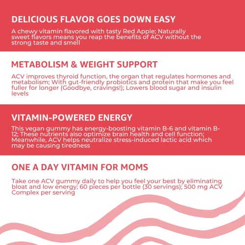 Baby Blues Apple Cider Vinegar Gummies - Vegan, Non-GMO & Gluten-Free, Postpartum Dietary Supplement with Both Vitamin B-6 & B12, 60 Pieces per Bottle