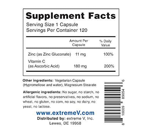 GluzinC 11MG Pharmaceutical Grade Zinc Plus 180MG Vitamin C (120 Easy to Swallow Smaller Vegetarian Capsules)