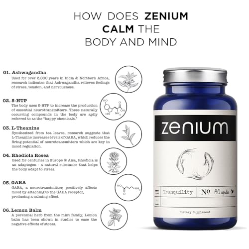 Zenium Stress Relief Supplement & Support Item for Women & Men | Anti Tension | Stop Worry & Nervousness | Boost Mood | Happy Pills | Fight Cortex Fatigue |60 Capsules | Calm The Body & The Mind