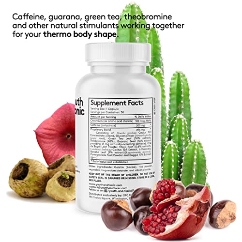 Youth & Tonic Thermogenic Supplement 30 Capsules as Advanced Diet Support for Energy Metabolism Focus Cravings for Men and Women with Caffeine Chromium Glucomannan Guarana Hoodia Gordonii
