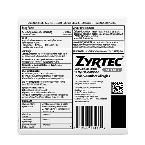 Zyrtec 24 Hour Allergy Relief Tablets, Antihistamine Allery Medicine with 10 mg Cetirizine HCI, Bundle with 1 x 30 ct and 1 x 3 ct Travel Pack