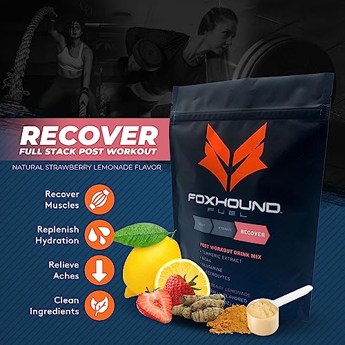 Foxhound Fuel Natural Post Workout Drink | Recover | Strawberry Lemonade | 5G BCAA, 2G L-Glutamine, Turmeric + Black Pepper, Electrolytes | Keto Friendly | 22 Servings