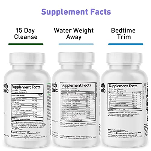 Youth & Tonic Sculpt Lean Cleanse 3 x Diet Pills w/Bedtime Trim & Water Weight Away & 15 Day Cleanser as Support for Protein Metabolism Energy Water Retention Loss & Belly Bloating for Women & Men