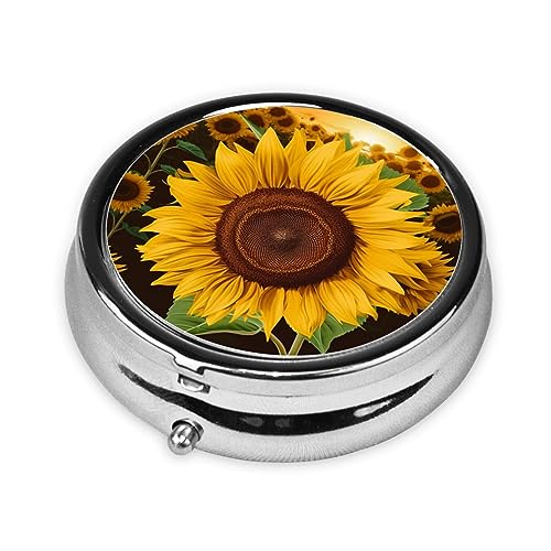 Beautiful Sunflower Print Round Pill Box 3 Compartment Medicine Pill Case Portable Pill Container for Daily Medicine Supplement Vitamin