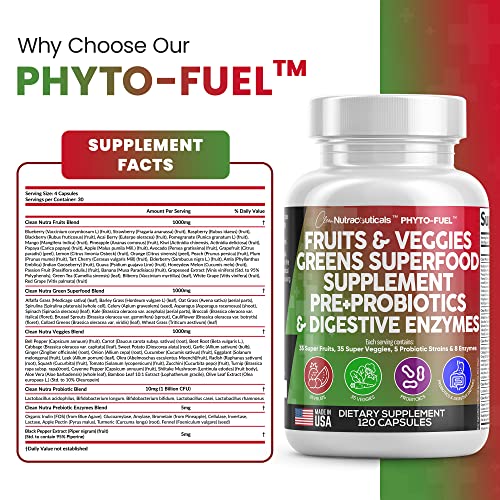 Fruits and Veggies Supplement Reds & Green Superfood - A Natural Balance of Over 70 Fruit and Vegetable Supplements Capsules with Probiotics Prebiotics Digestive Enzymes Nature Spirulina -120 Ct USA