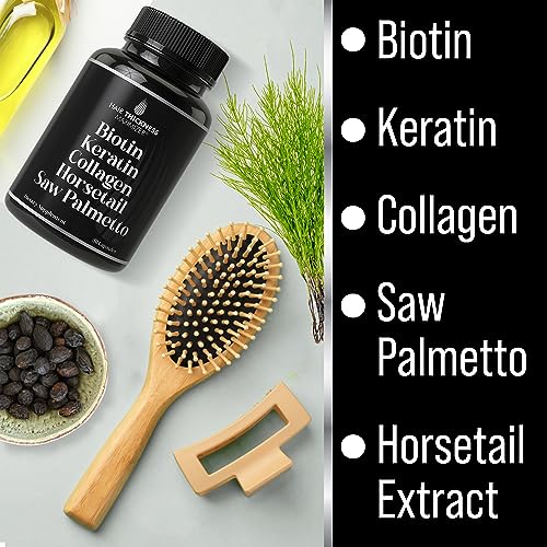 Biotin + Keratin + Collagen + Horsetail + Saw Palmetto. Advanced 5-in-1 Hair Growth Supplement for Women and Men. Hair Vitamins, DHT Blocker Pills. Capsules for Thinning Hair with Biotin 5000mcg