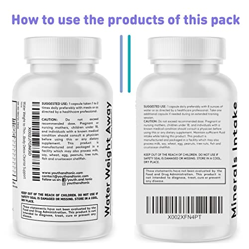 Youth & Tonic Fluid Pills & Mineral Electrolyte Support as Natural Diuretic Supplement for Swelling Water Retention & Temporary Water Weight Gain for Women & Men – 60 + 60 Capsules