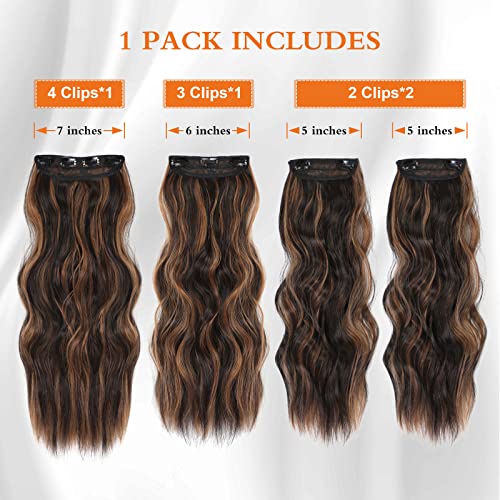 Clip in Hair Extensions 2O Inch Long Wavy Curly Hair Extensions for Thin Hair 4PCS Full Head Synthetic Hair Extension Clips(Black Brown with Highlights)