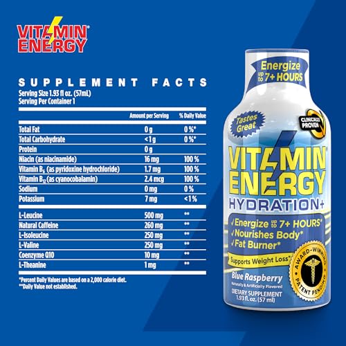 Vitamin Energy Hydration+ Energy Drink Shots, Blue Raspberry Flavor, Up to 7+ Hours of Energy, 1.93 Fl Oz, 48 Count