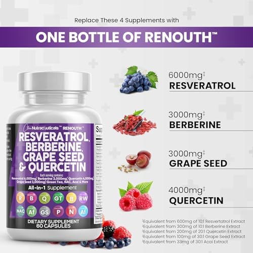 Resveratrol 6000mg Berberine 3000mg Grape Seed Extract 3000mg Quercetin 4000mg Green Tea Extract - Polyphenol Supplement for Women and Men with N-Acetyl Cysteine, Acai Extract - 60 Capsules