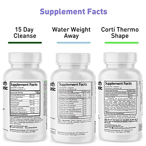 Youth & Tonic 15 Day Cleanse and Detox as Triple Action Diet Pills for Loss of Waste and Body Water Away and Energy Focus Metabolism for Women & Men