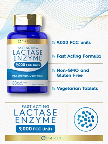 Carlyle Fast Acting Lactase Enzyme Pills | 9000 FCC | 180 Tablets | Dairy Relief Supplement | Max Strength Support | Non-GMO, Gluten Free Supplement