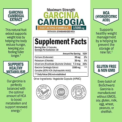 Garcinia Cambogia Weight Loss Pills - 1500mg HCA Pure Extract - Fast Acting Appetite Suppressant - Fat Burner for Women and Men to Help Lose Weight - Carb Blocker Metabolism Diet Pill - 90 Capsules