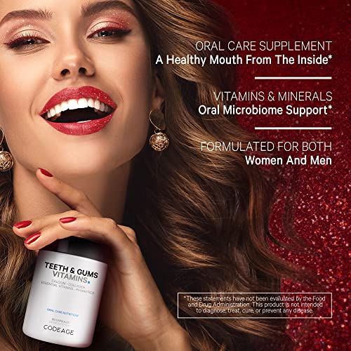 Codeage Teeth & Gums Vitamins + Oral Probiotics Supplement for Mouth - Whole Food Calcium, Collagen, Potassium, Vitamin C, D3, K2, Zinc – Oral Care & Dental Multivitamin Supplements - 90 Capsules