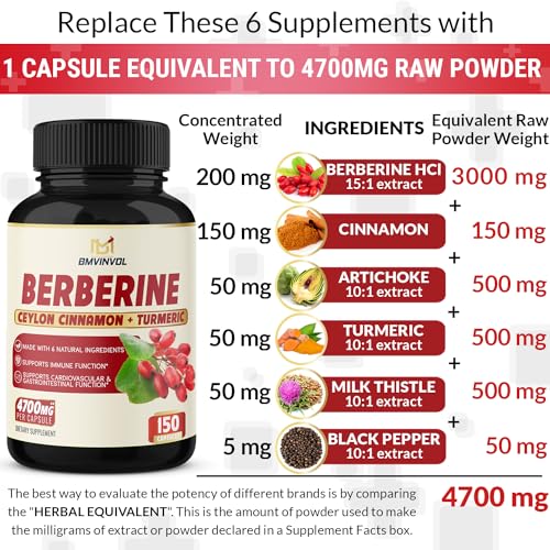 Berberine Supplement Equivalent to 4700mg - 5 Months Supply - High Potency with Ceylon Cinnamon - Supports Immune System, Cardiovascular & Gastrointestinal Function - Berberine HCl Supplement Pills