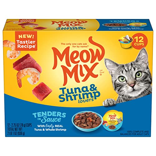 Meow Mix Tender Favorites Wet Cat Food, Tuna & Whole Shrimp in Sauce, 2.75 Ounce Cup (Pack of 48) (Packaging May Vary)